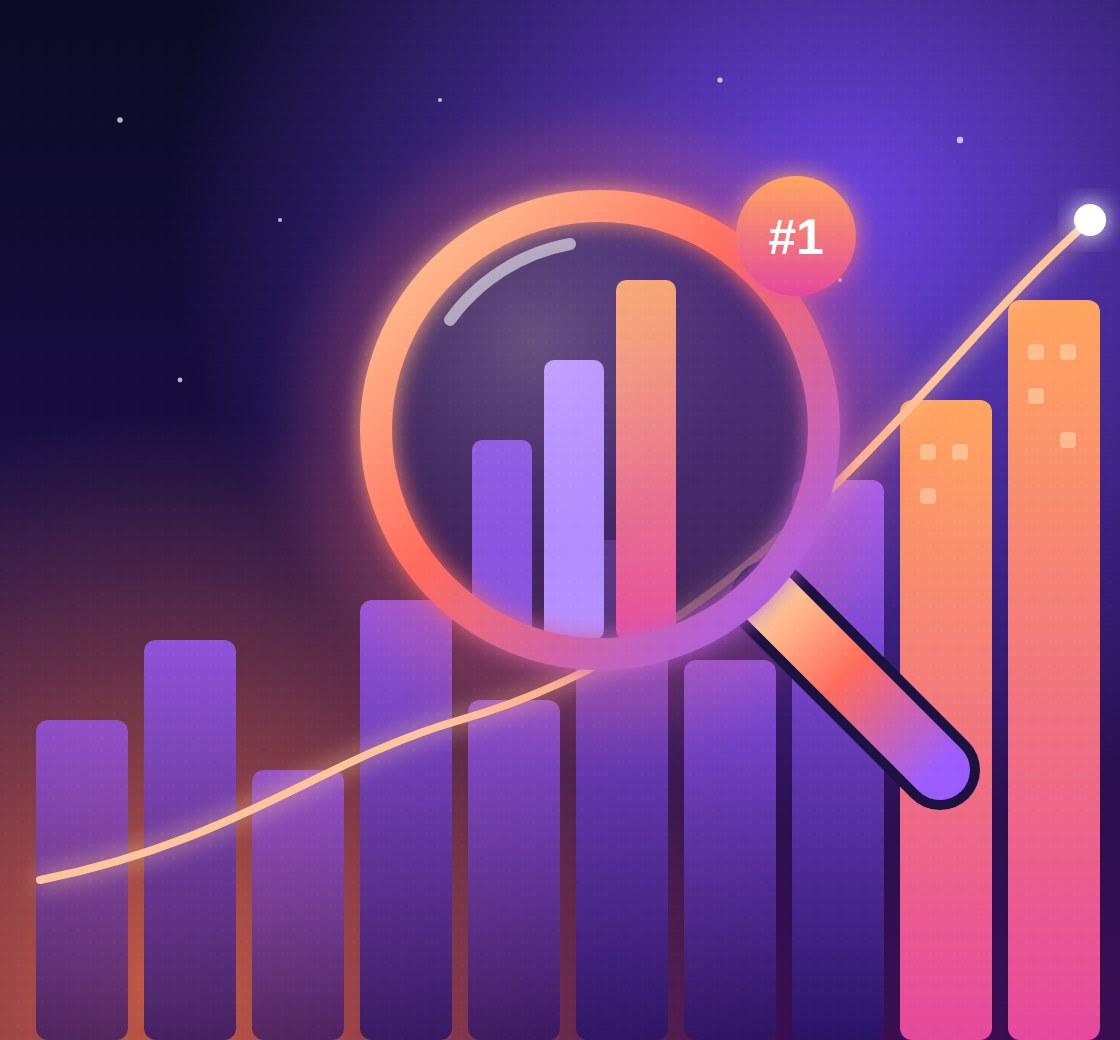 SEO illustration with magnifying glass over rising ranking bars