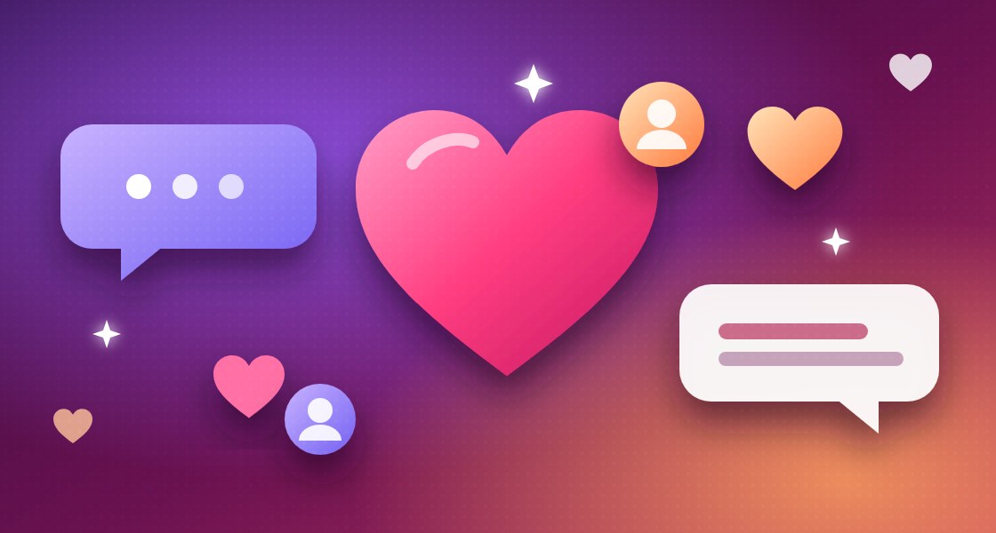 Social media marketing illustration with hearts and chat bubbles