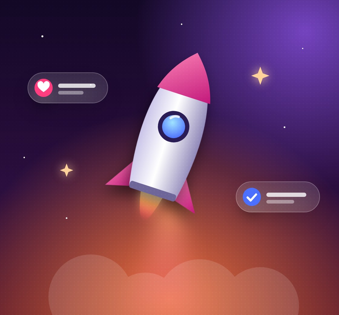Social media advertising illustration with a rocket launching